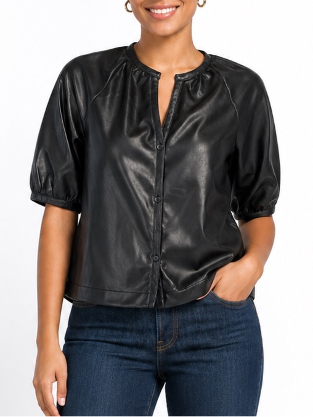 Avec Les Filles Black Faux Leather Short Sleeve Blouse – Size Large